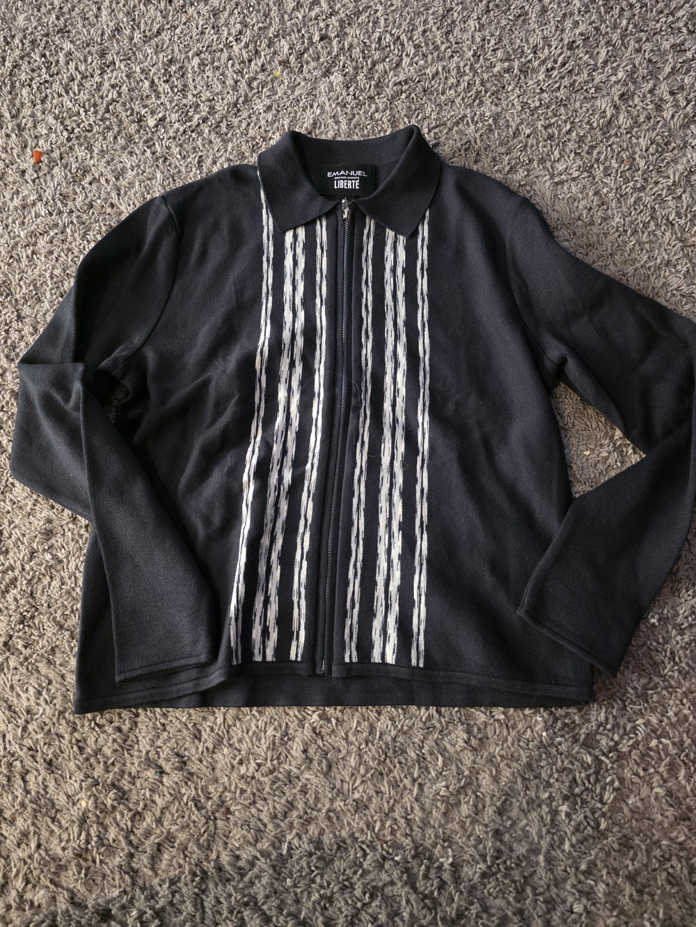 Emanuel Ungaro Black Zip-Up Sweater with White Vertical Stripes
